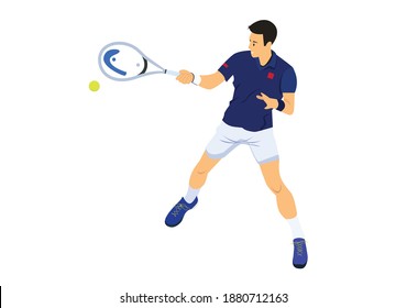 Ein professioneller Tennisspieler trifft einen Ball, der mit seinem Schläger fliegt. Vektorgrafik