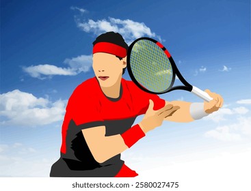 Professional tennis player hitting a backhand stroke during a match under a cloudy blue sky