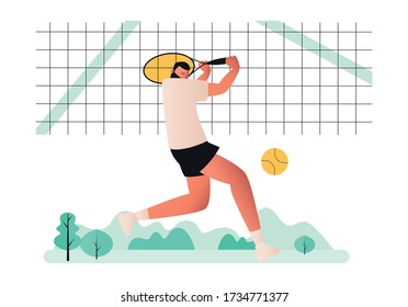 Un tenista profesional juega al tenis en la pista. Él se está preparando para golpear la pelota con una raqueta. La pelota está volando en el aire. Ilustración vectorial de los juegos deportivos