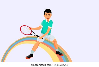 A professional tennis player with racket in hands redy to strike a ball  isolated on white. Vector illustration of team sports