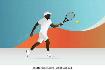 Professional tennis player running and hitting ball with racket during championship game, dynamic sports illustration with abstract background