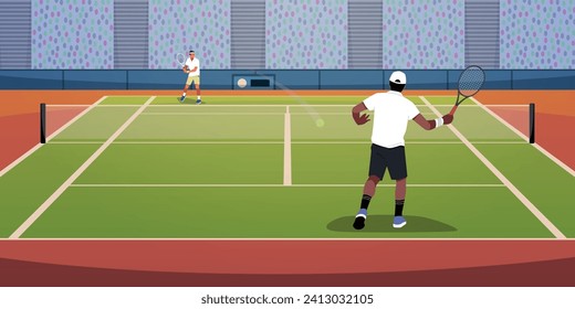 Professional tennis players. Athletes compete in tournament. Athletic men with rackets on court. Sportsman pitching and batting. Sport championship. Match stadium. Vector tidy concept