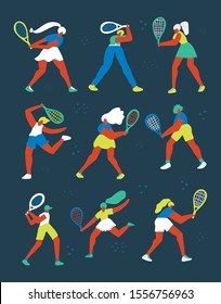 Professional tennis players flat cartoon characters set. Female athlete hand drawn illustrations. Sport competition, championship vector concept. Active recreation, healthy lifestyle design elements