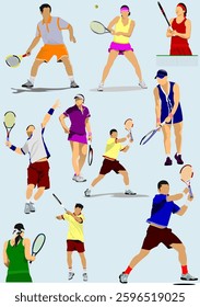 Professional tennis players are playing on a tennis court, serving, receiving and smashing. Hand drawn illustration