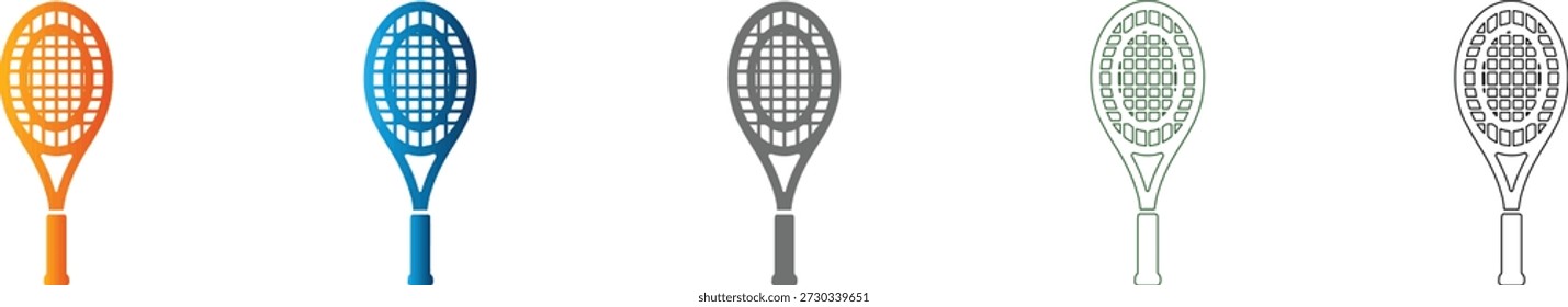 A professional tennis racket flat icon, part of a consistent solid black vector icon set, isolated for various design purposes.