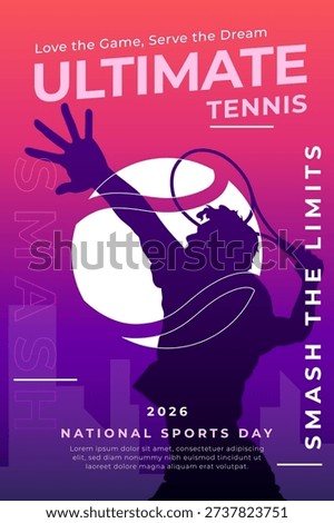Professional tennis tournament poster featuring a silhouette athlete performing a smash hit on a vibrant purple and pink gradient background. Athlete silhouette. National Sports Day 2026. Tennis Sport