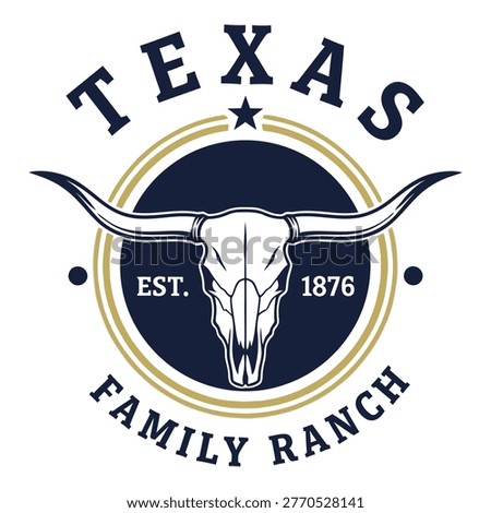 Professional Texas Family Ranch logo featuring a traditional longhorn bull skull emblem. Vintage style western badge design perfect for agriculture and branding.