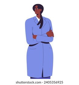 Professional therapist, pharmacist in medical uniform. Young woman medic in doctors coat work in health center. Clinic worker, practitioner chemist portrait. Flat isolated vector illustration on white