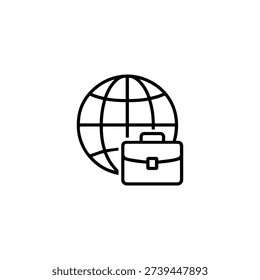 Professional thin line vector illustration of a globe and briefcase designed for corporate e-learning and global commerce interfaces. Clean, scalable, and ready for modern web design.