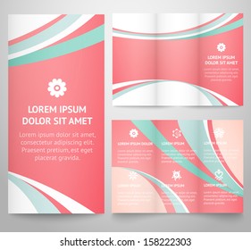 Professional three fold business flyer template, corporate brochure or cover design, for publishing, print. Vector illustration for pretty feminine design. Tri-fold pink layout with blue wave stripes