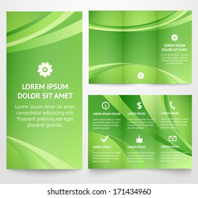Professional three fold business flyer template, corporate brochure or cover design, for publishing, print. Vector illustration for green natural design. Tri-fold layout with waves.