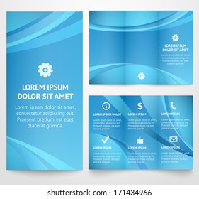 Professional three fold business flyer template, corporate brochure or cover design, for publishing, print. Vector illustration for modern blue design. Tri-fold layout with waves.