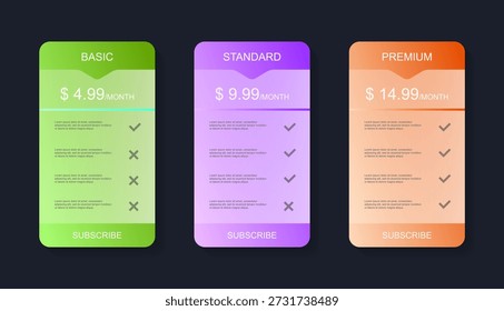 Professional Three Tier Subscription price Pricing Table with Basic Standard and Premium Plans
