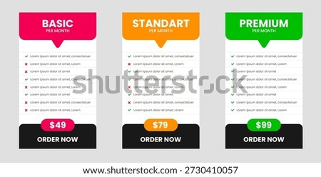 Professional Three Tier Subscription price Pricing Table with Basic Standard and Premium Plans Featuring Purple Blue and Green Gradients Modern UI UX Layout for Business Websites on Light Background.