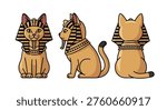 Professional three-point turnaround vector of a cute Egyptian cat pharaoh. Ideal for historical character design, educational icons, gaming mascots, and ancient mythology branding projects.