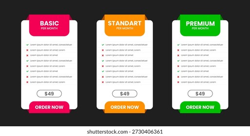 Professional ThreeTier Subscription Pricing Plan Comparison Table with Basic, Standard, and Premium Options featuring Vibrant Pink, Orange, and Green Color Schemes on a Modern Dark Background