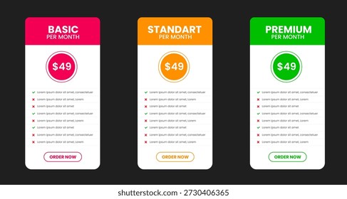 Professional ThreeTier Subscription Pricing Plan Comparison Table with Basic, Standard, and Premium Options featuring Vibrant Pink, Orange, and Green Color Schemes on a Modern Dark Background