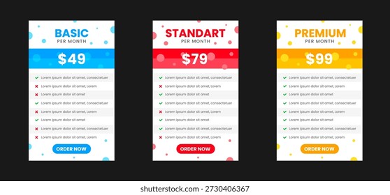 Professional ThreeTier Subscription Pricing Plan Comparison Table with Basic, Standard, and Premium Options featuring Vibrant Pink, Orange, and Green Color Schemes on a Modern Dark Background