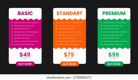Professional ThreeTier Subscription Pricing Plan Comparison Table with Basic, Standard, and Premium Options featuring Vibrant Pink, Orange, and Green Color Schemes on a Modern Dark Background