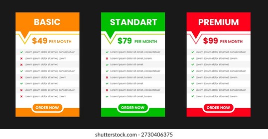 Professional ThreeTier Subscription Pricing Plan Comparison Table with Basic, Standard, and Premium Options featuring Vibrant Pink, Orange, and Green Color Schemes on a Modern Dark Background