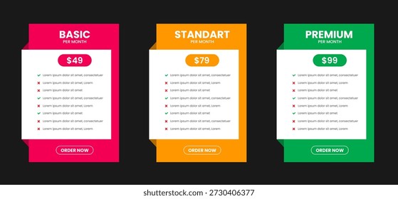 Professional ThreeTier Subscription Pricing Plan Comparison Table with Basic, Standard, and Premium Options featuring Vibrant Pink, Orange, and Green Color Schemes on a Modern Dark Background