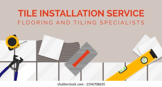 Professional tile installation, banner with tiles and tools, home renovation and construction concept, blank copy space