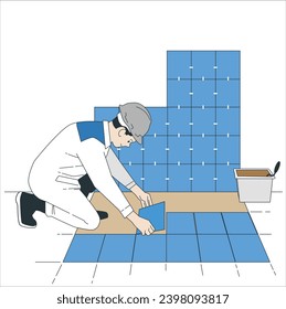 Professional tiler placing level in position with lash tile leveling system and clamp level ceramic tiles. Flooring and tiling concept. Professional tilers installing tiles on a floor. 2501