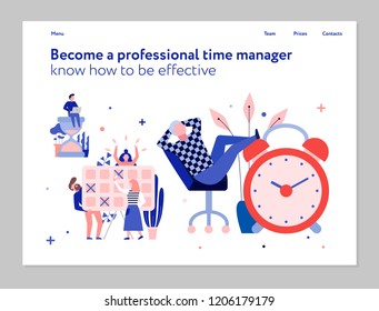 Professional time management and effective planning training advertisement flat composition with alarm clock tasks schedule vector illustration