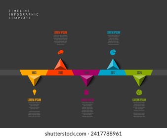 A professional timeline infographic template with colorful pointers and years marked on a horizontal timeline. Ideal simple time line template design for presentations. 