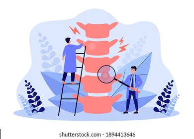 Professional tiny doctors examining spine bones flat vector illustration. Cartoon physicians treating injury or pain in back. Osteopathy treatment and diagnosis concept