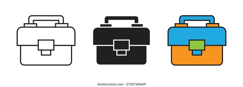 Iconos de caja de herramientas de Profesional en versiones de línea, sólido y color para almacenamiento de equipos, servicios de mantenimiento y conceptos de organización de talleres de hardware.