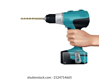 Professional tool for carpenter and locksmith realistic design concept with drilling machine in male hand vector illustration