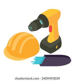Icono de herramienta profesional vector isométrico. Palos de soldadura y destornillador eléctrico. Equipos industriales, obras de construcción