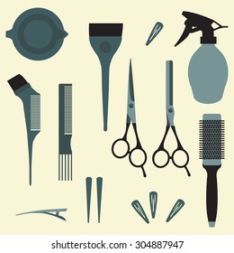 Hairdressersâ?? professional tools.  Barber Stylist Tools set. Flat icons for hairdressing saloon. Stylist design elements. Comb, coloring  brush, bowl, clip, shears, thinning scissors, sprayer