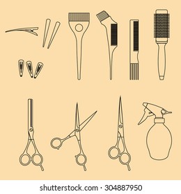 Hairdressersâ?? professional tools.  Barber Stylist Tools set. Vintage icons for hairdressing saloon. Linear design elements. Comb, coloring  brush, clip, shears, thinning scissors, sprayer
