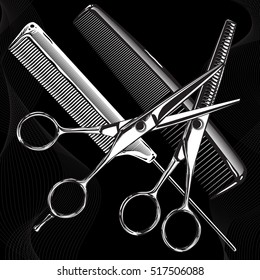 professional tools chrome metal scissors and combs on a black background