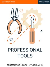 Professional tools icon. Screwdriver, pliers, gears, chain flat outline icon with editable stroke.
