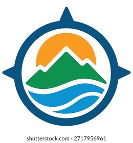 Vector de Logo de Turismo de Profesional con Brújula, Montaña y Olas de Mar. Plantilla de íconos Abstractas para agencia de viajes, club de aventuras o marca al aire libre.