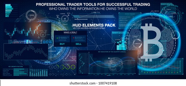 Professional trader tools for successful trading. HUD elements pack. Infographic elements. Bitcoin digital currency, futuristic digital money, technology worldwide network concept, vector illustration