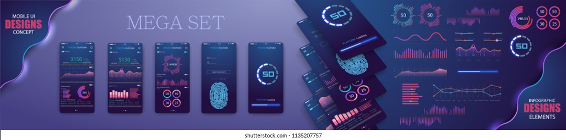 Professional trader tools for successful trading. Clean Mobile UI Design Concept. Trendy Mobile Banking. Cryptocurrency Technology. Financial analytics. Trading Business Application Template. Vector