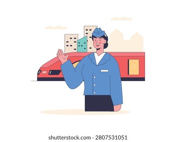 Professional train station employee greeting passengers with high speed railway background. Character design. Vector flat illustration