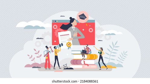 Professional Training And Business Work Skill Development Tiny Person Concept. Successful Graduation After Literature And Book Learning Vector Illustration. Personal Performance Boost With Courses.