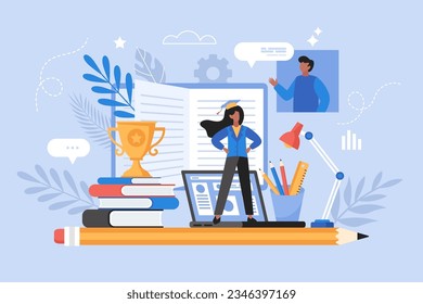 Professional training concept. Modern vector illustration of student studying and learning on online courses