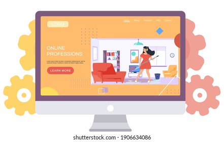 Professional training, education, video tutorial, online professions landing page template with young woman housewife listening to music on headphones, dancing washes floor with mop in livingroom