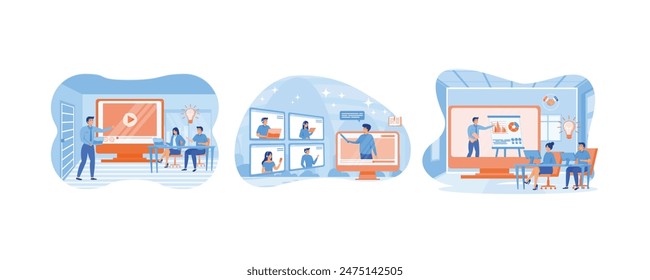 Professional training, education, video tutorial, online business courses, presentation. Online training concept. Online Training Conference for Office Workers. Set flat vector modern illustration