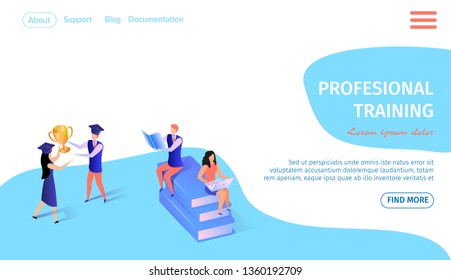 Professional Training Horizontal Banner with Copy Space. Man and Woman Sitting on Books Heap with Laptops. Young Guy and Girl in Academic Hat Hold Goldem Goblet. 3d Flat Vector Isometric Illustration.