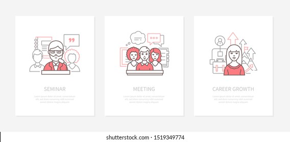 Professional training - line design style icons set. Seminar, meeting, career growth linear banners with text space.  