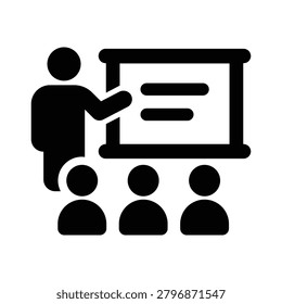 Professional training and presentation icon featuring a speaker addressing an audience with a presentation board, symbolizing education, workshops, meetings, and knowledge sharing. Ideal for corporate training materials, e-learning platforms, business seminars, HR systems, and workplace development concepts.