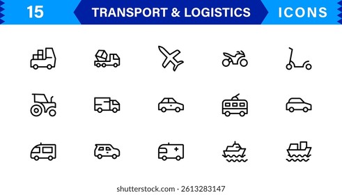 Professional Transport and Logistics Icons. This Set Includes Vehicles, Delivery, and Supply Chain Symbols for Efficient Projects.