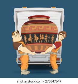 Professional transportation company illustration. Two workers mover man holding and carrying big heavy old egyptian vintage antique vase. 3d color vector creative concept with characters.